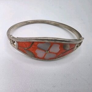Vintage Alpaca Mexico Bracelet‎ Flower Abalone Inlay Enamel Orange Child Size